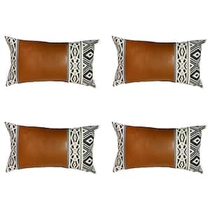 Brown Boho Handcrafted Vegan Faux Leather Lumbar Abstract Geometric 12 in. x 20 in. Throw Pillow Cover (Set of 4)