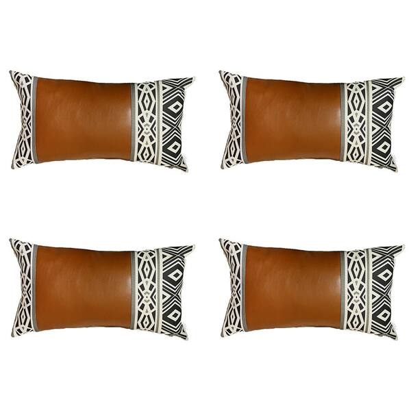 MIKE & Co. NEW YORK Brown Boho Handcrafted Vegan Faux Leather Lumbar Abstract Geometric 12 in. x 20 in. Throw Pillow Cover (Set of 4)