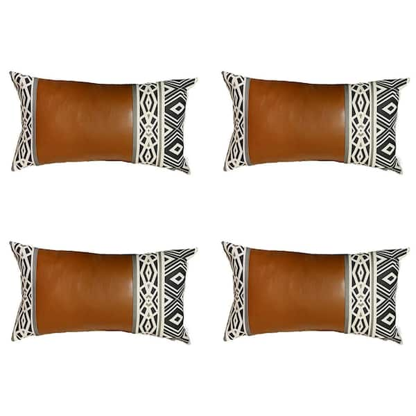 MIKE & Co. NEW YORK Brown Boho Handcrafted Vegan Faux Leather Lumbar Abstract Geometric 12 in. x 20 in. Throw Pillow Cover (Set of 4)