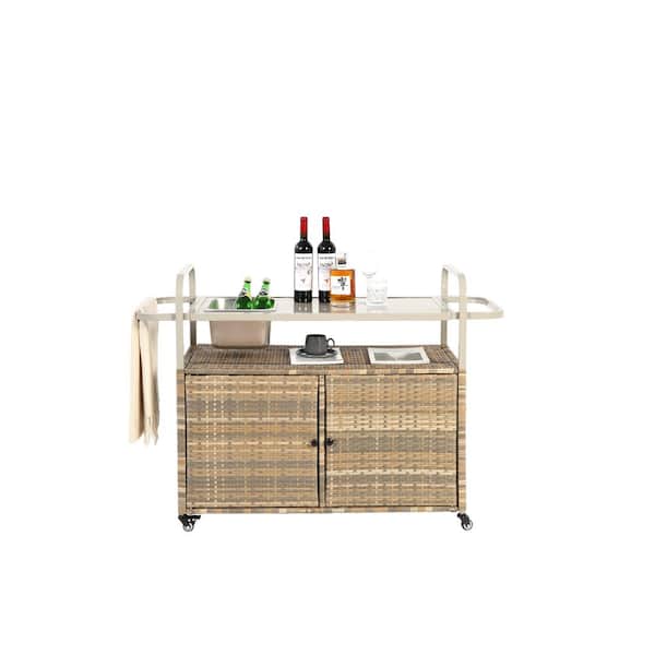 Unbranded Wicker Outdoor Serving Cart with Cabinet, Beige Steel Top, Ice Bucket and Lockable Wheels for Garden, Poolside