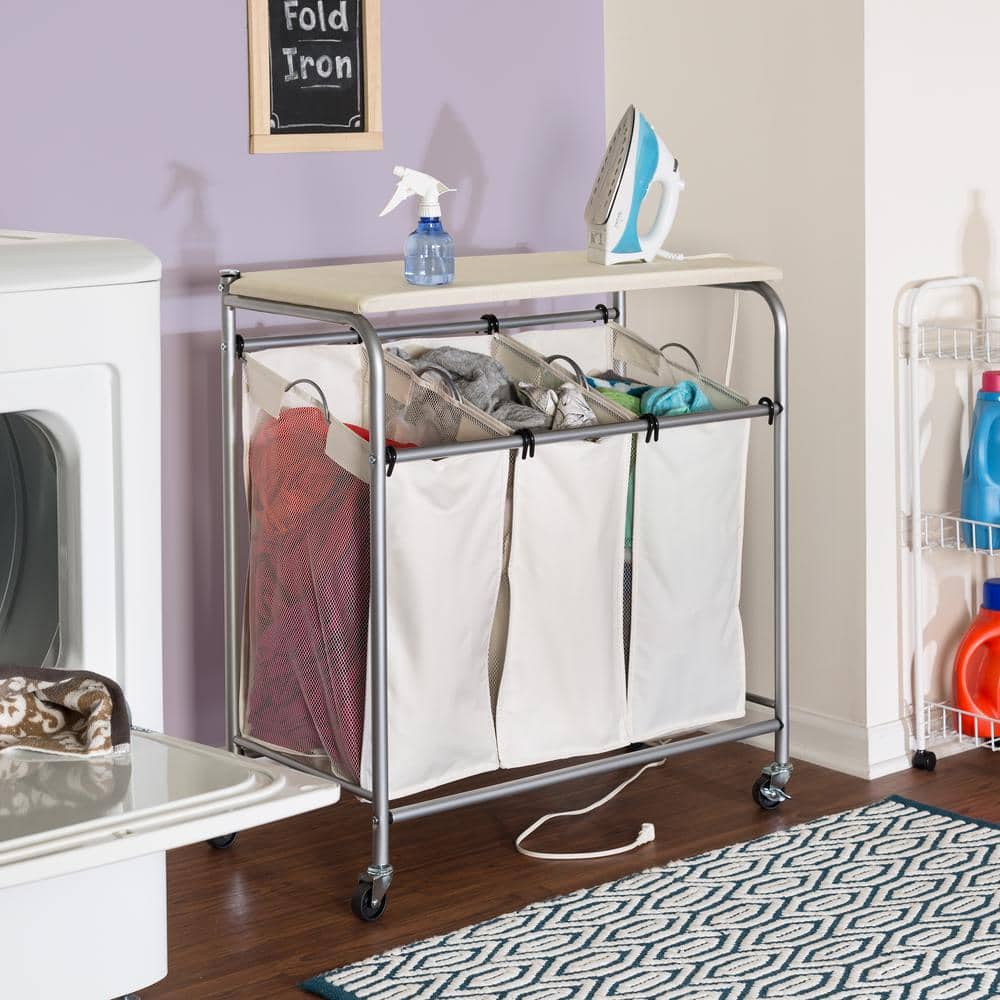 Natural Triple Laundry Sorter with Ironing Board and Locking Wheels