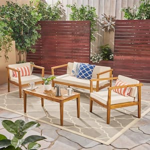 4-Piece Teak Acacia Wood Outdoor Conversation Set with Beige Cushions, Coffee Table