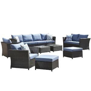 Norman Brown 12-Piece Wicker Outdoor Patio Conversation Seating Sofa Set with Light Blue Cushions, No Assembly Required