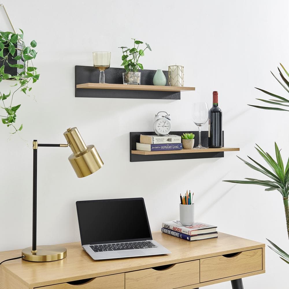 Chestnut and Black Wood Floating Wall Shelves Set of 2
