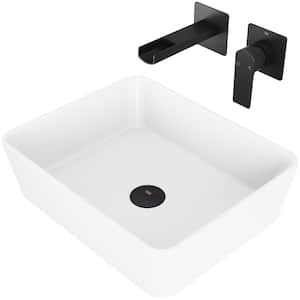Matte Stone Marigold Composite Rectangular Vessel Bathroom Sink in White with Faucet and Pop-Up Drain in Matte Black