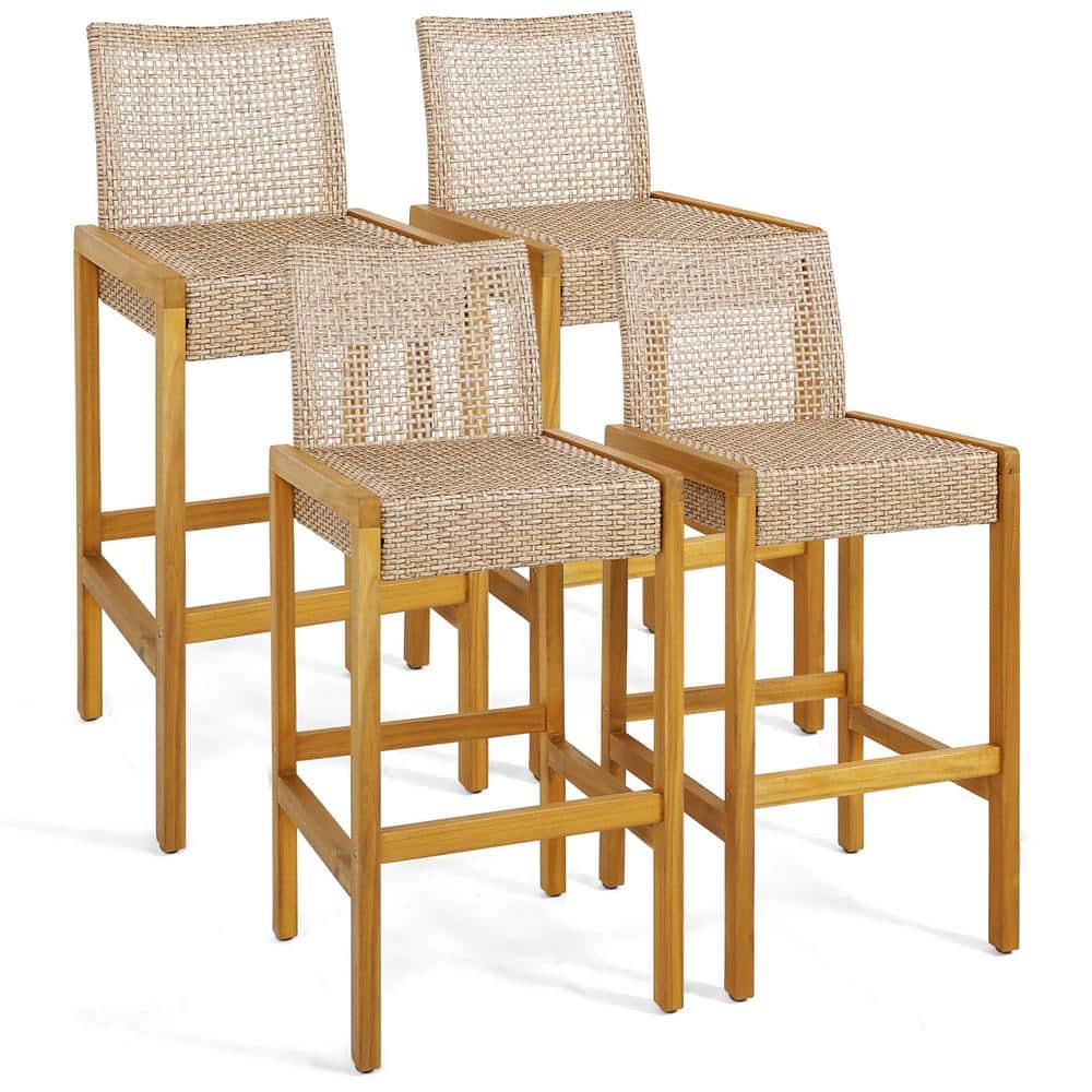 Gymax Wicker Outdoor Bar Stools Set of 4 Patio Chairs with Solid Wood