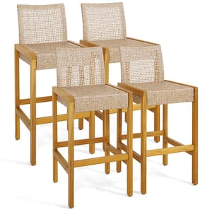 Wicker Outdoor Bar Stools Set of 4 Patio Chairs with Solid Wood Frame and Ergonomic Footrest Light Brown