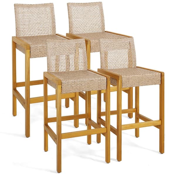 Gymax Wicker Outdoor Bar Stools Set of 4 Patio Chairs with Solid Wood Frame and Ergonomic Footrest Light Brown