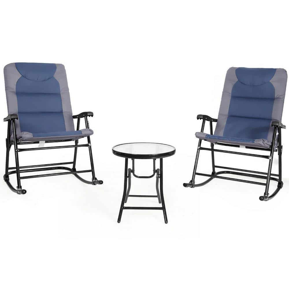 3-Piece Metal Outdoor Bistro Set Folding Rocking Chair Table Set with Blue 
