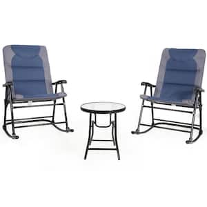 3-Piece Metal Outdoor Bistro Set Folding Rocking Chair Table Set with Blue Cushion