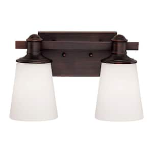 2-Light Rubbed Bronze Vanity Light with Etched White Glass