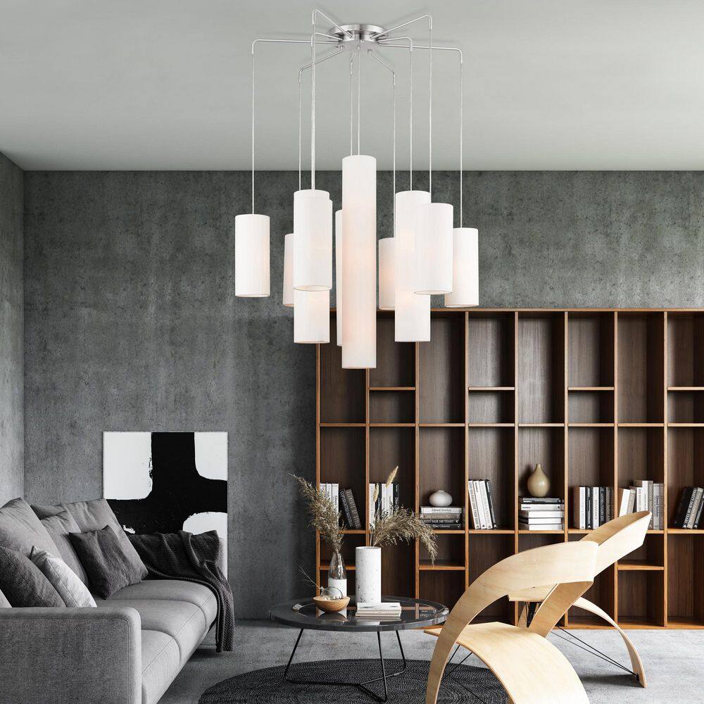 Strathmore Brushed Nickel 15-Light Tiered Foyer Chandelier with Off-White Shades