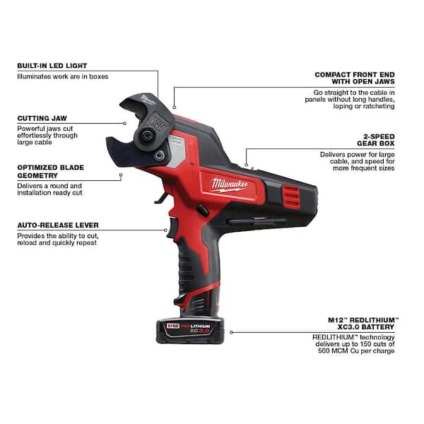 Milwaukee M12 12V Lithium-Ion Cordless 600 MCM Cable Cutter Kit with 3.0Ah  Battery, Charge, Replacement Blade and Hard Case 2472-21XC-48-44-0410 - The  Home Depot