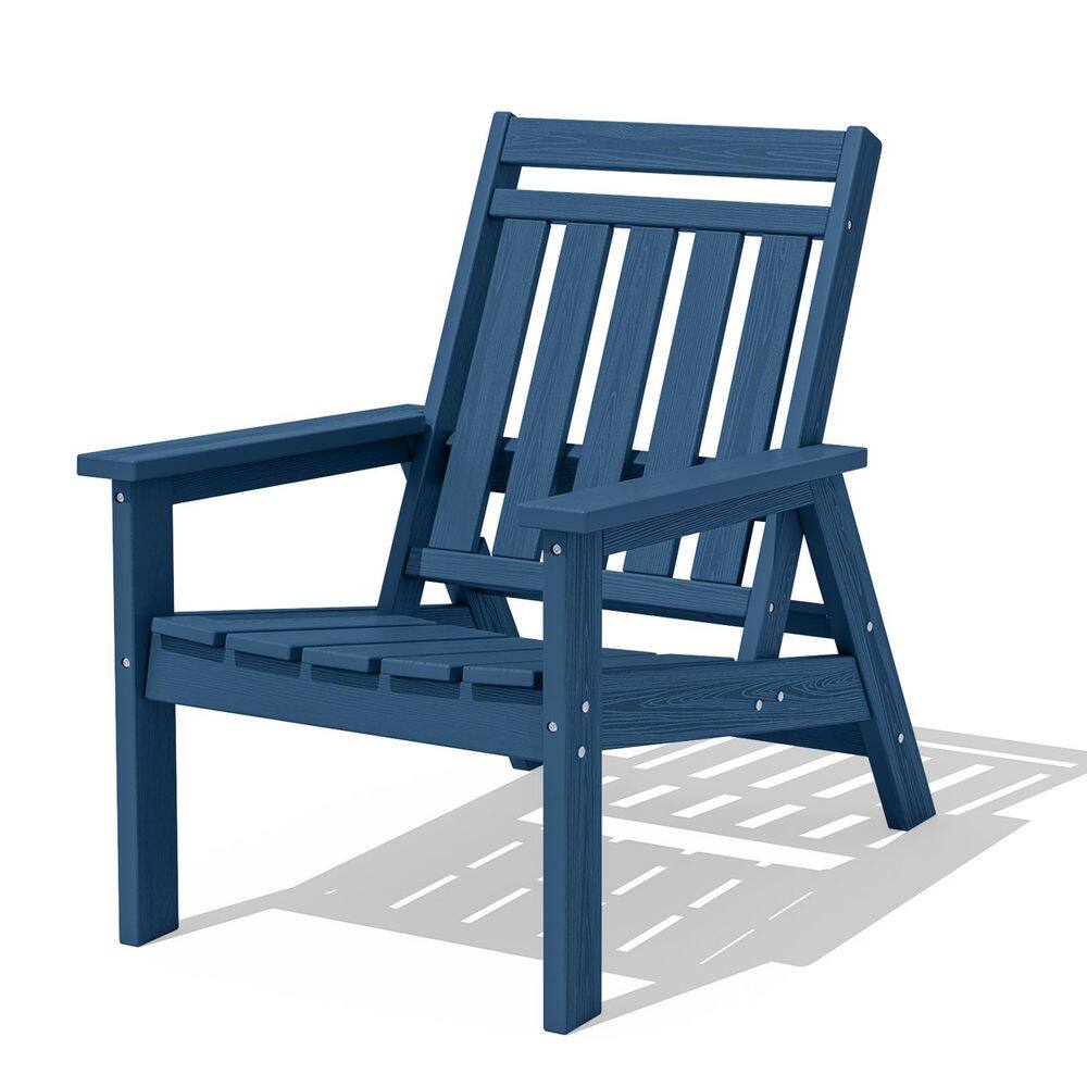 Dark blue HDPE all-weather outdoor Adirondack chair in a 3/4 front view.