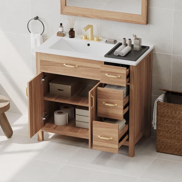 36 in. Single Sink Freestanding Wood Bath Vanity with White Ceramic Top and 3 Drawers Storage Door Cabinet Unassembled