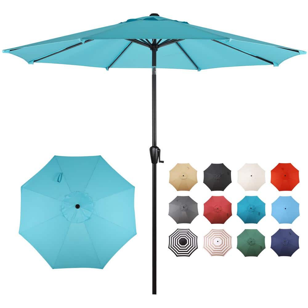 Sun-Ray 9 FT Patio Umbrella w/ Push Button Tilt and Crank Outdoor Umbrella  8 Sturdy Ribs  UV Protection  Solution-Dyed Fabric  Aqua