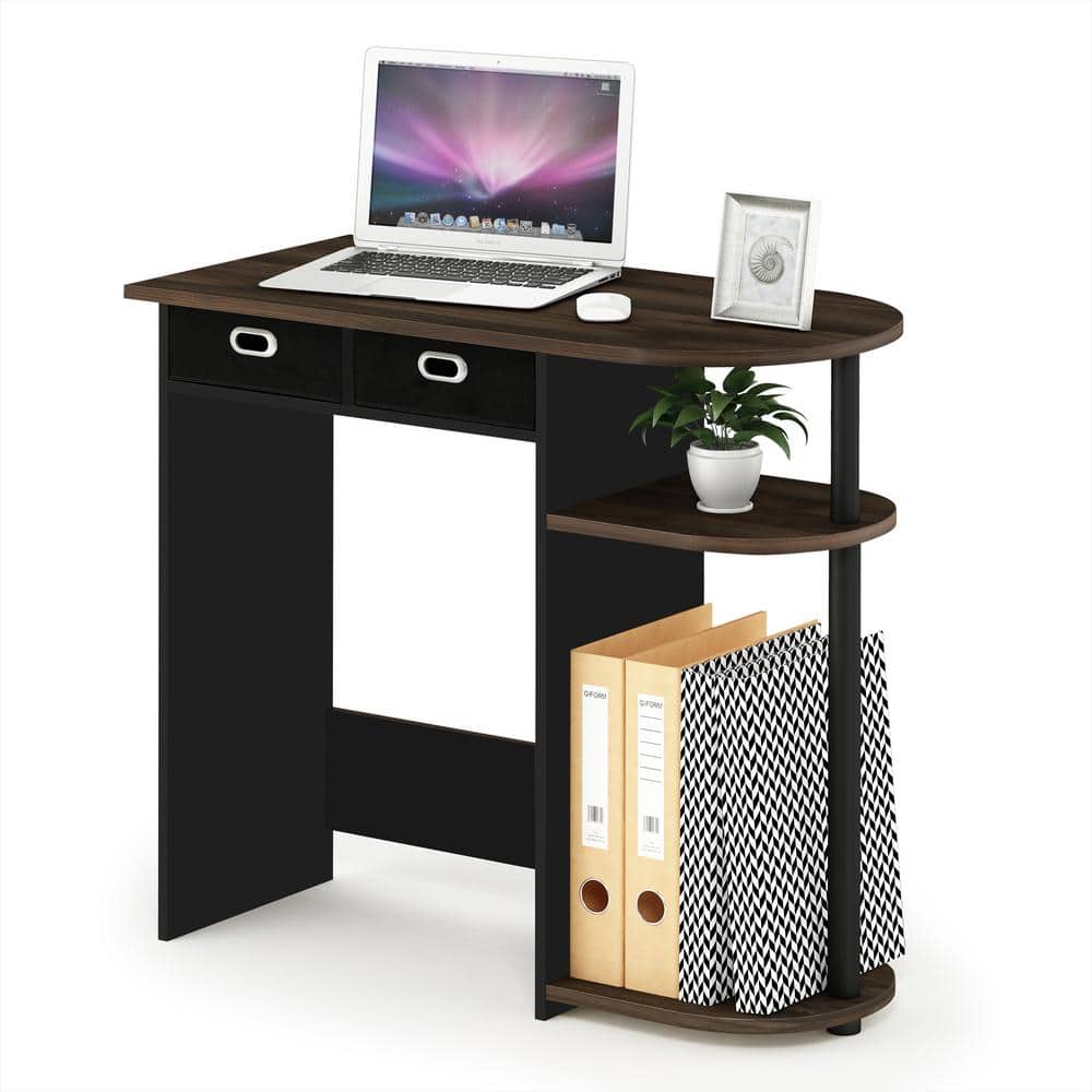 Compact Columbia Walnut and Black Wood Computer Desk with Dual Drawers