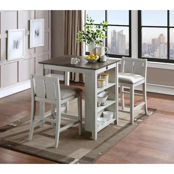 NEW CLASSIC HOME FURNISHINGS New Classic Furniture Heston 3-piece Wood Top Square Counter Set with Storage Shelf, White and Gray