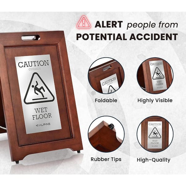 25 in. H x 15 in. W Double-Sided Stainless Steel Plated Wooden Bilingual Caution Wet Floor Sign