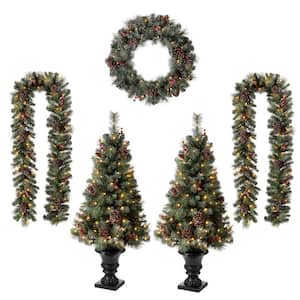 2pk 4ft. Flocked Artificial Christmas Tree and 24 in. D Pre-Lit Christmas Wreath and Matched 2pk 9 ft. Garland Set