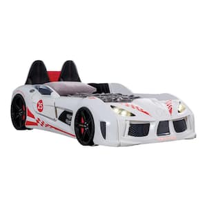 Copperstone White Twin Kid's Race Car Bed with LED Lights