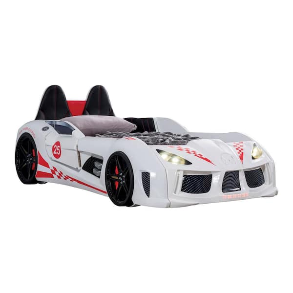 Copperstone White Twin Kid's Race Car Bed with Sound and LED Lights