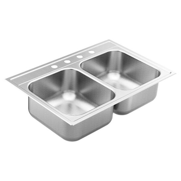 MOEN 1800 Series Stainless Steel 33 in. 4-Hole Double Bowl Drop-In Kitchen Sink with 8 in. Depth