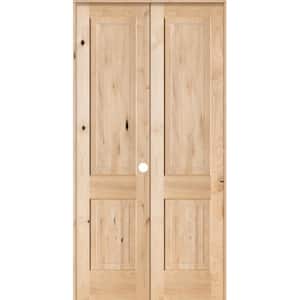 48 in. x 96 in. Rustic Knotty Alder 2-Panel Square Top Left Handed Solid Core Wood Double Prehung Interior French Door