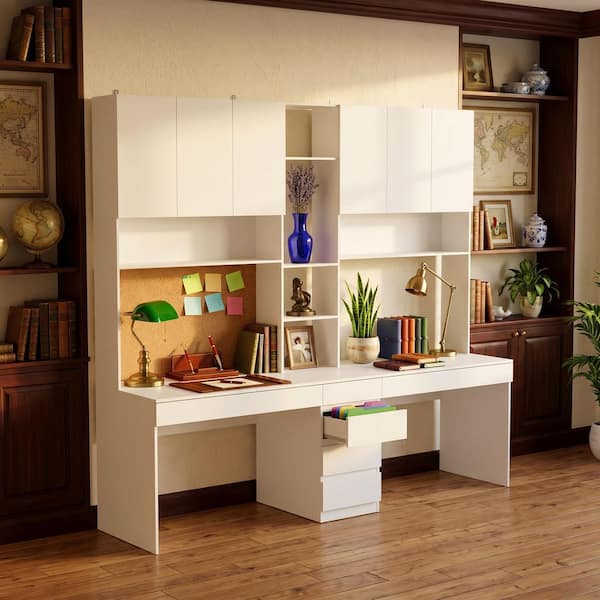 FUFU&GAGA 94.5 in. W Large 2 in. 1 Wood Double Computer Desk White