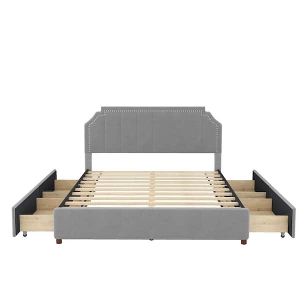 Donason Gray Wood Frame Queen Size Platform Bed with 4 Storage Drawers
