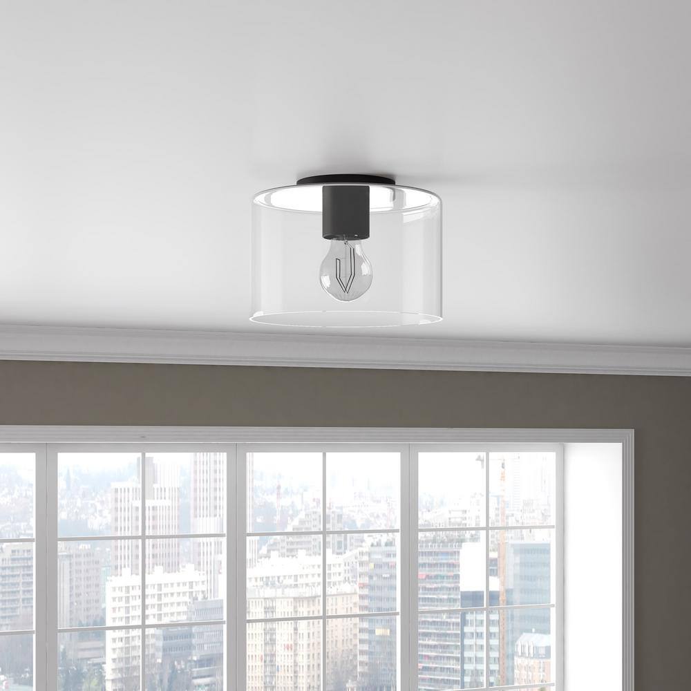 Matte Black and Glass Drum Ceiling Light