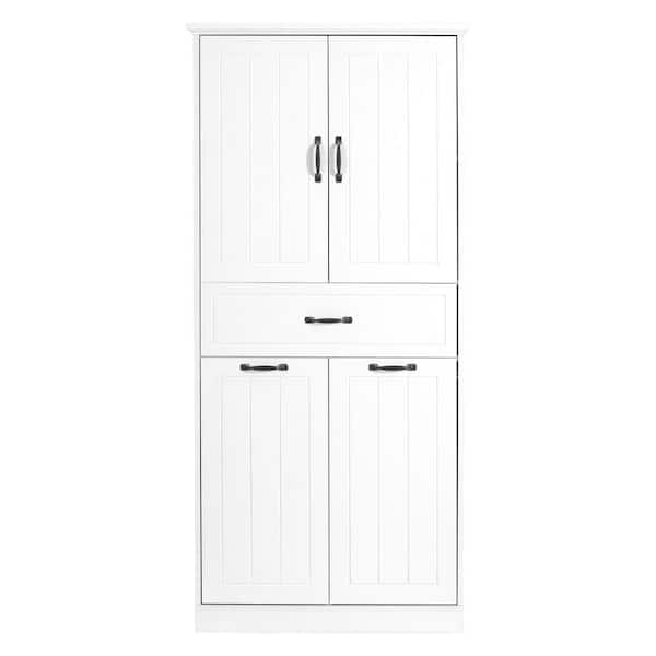 30 in. W x 16 in. D x 66 in. H White Wood Linen Cabinet with Two Laundry Baskets, Doors and Drawer