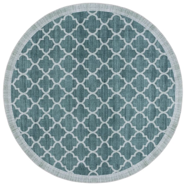 Arizona 6 ft. x 6 ft. Green Machine Washable Border Geometric Trellis Round Area Rug