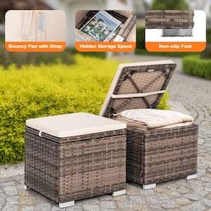Brown and Beige 2-Piece 16 in. Wicker Outdoor Patio Square Storage Ottoman with Pillow Top Cushion and Iron Legs