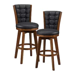 Brielle 30 In. Chestnut Finish High Back Wood Swivel Bar Height Stool with Black Faux Leather Seat (Set of 2)