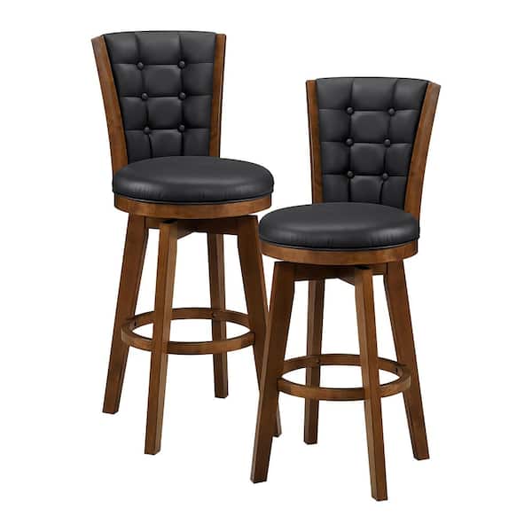 Lazzara Brielle 30 In. Chestnut Finish High Back Wood Swivel Bar Height Stool with Black Faux Leather Seat (Set of 2)