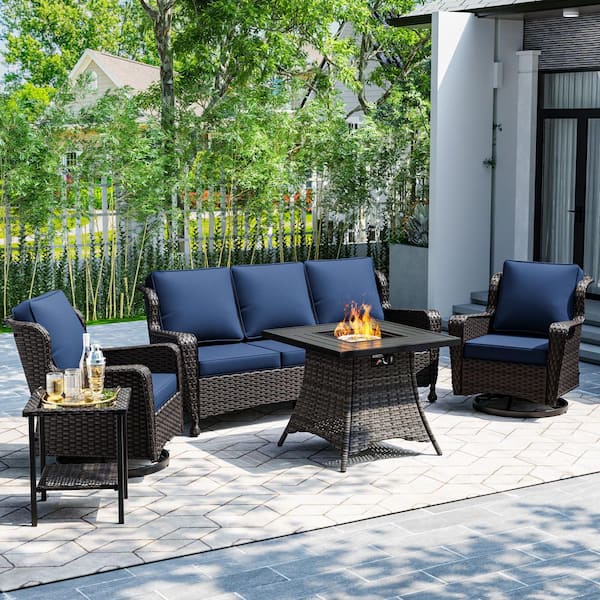 5-Piece Outdoor Patio Wicker Fire Pit Table Conversation Set Swivel Rocking Chairs with Blue Cushion