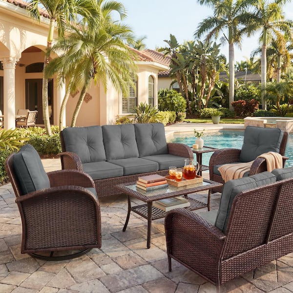 7-Person Wicker Outdoor Sectional Sofa Set,Patio Swivel Rocking Chair Set,with Coffee Table and Water-Resistant Cushions