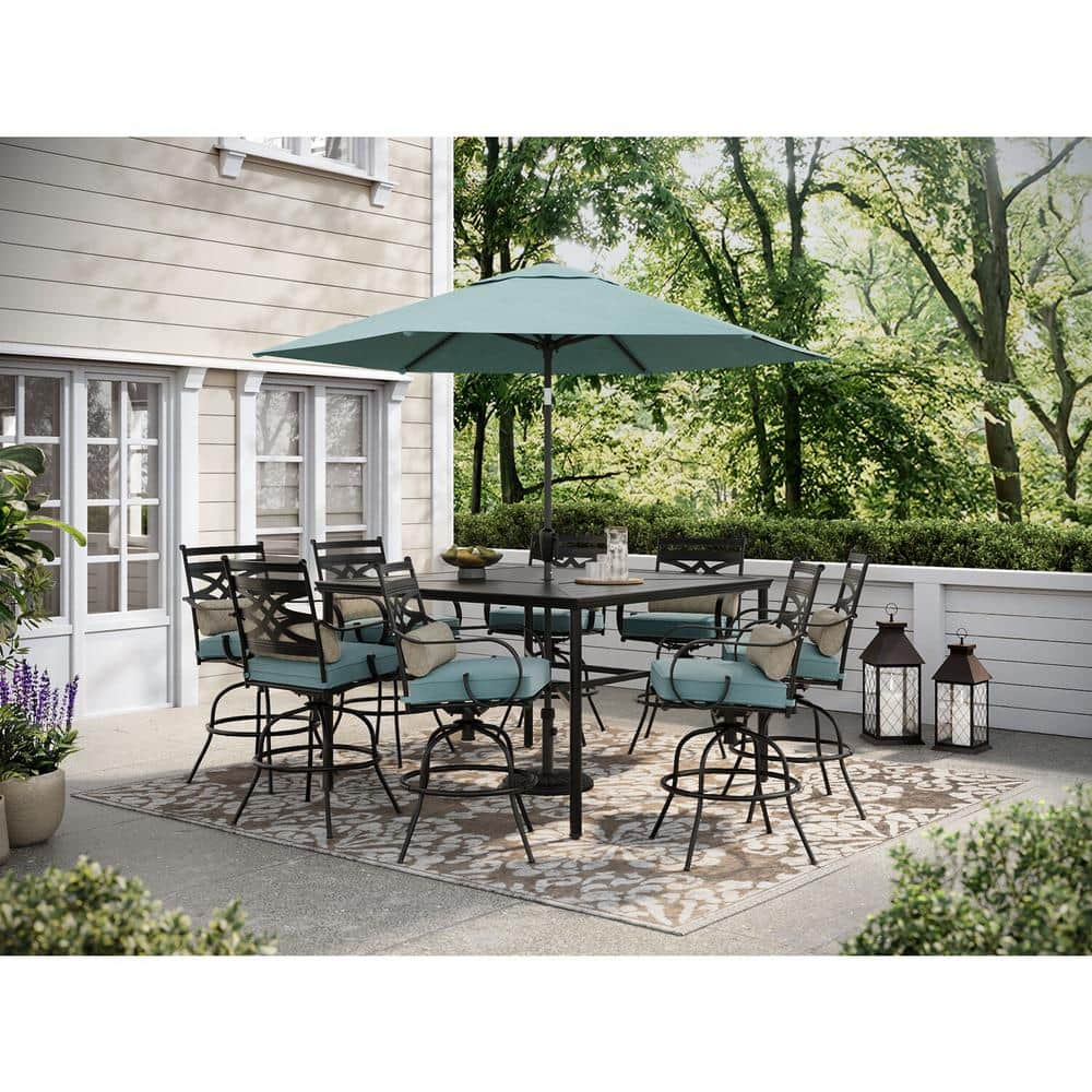 Montclair 9-Piece Steel Outdoor Dining Set with Ocean Blue Cushions, 8 Swivel Chairs and 60 in. Counter Height Table -  Hanover, 840148708464