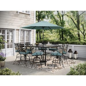 Montclair 9-Piece Steel Outdoor Dining Set with Ocean Blue Cushions, 8 Swivel Chairs and 60 in. Counter Height Table