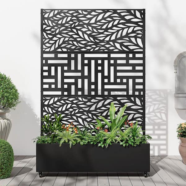 16 in. L x 47 in. W x 11.9 in. H 155 qts. Black Metal Planter Box Raised Beds with 73 in. H Trellis and Wheels Pattern I