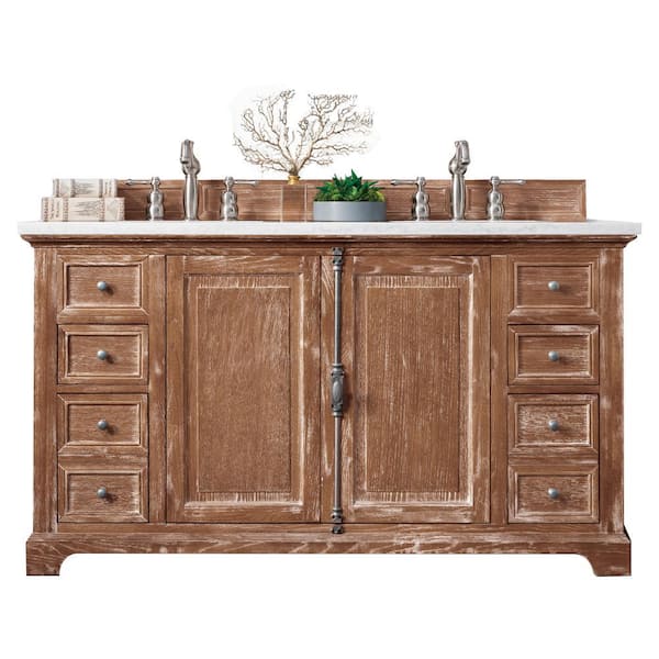 James Martin Vanities Providence 60 in. W x 23.5 in.D x 34.3 in.H Double Vanity in Driftwood with Solid Surface Top in Arctic Fall