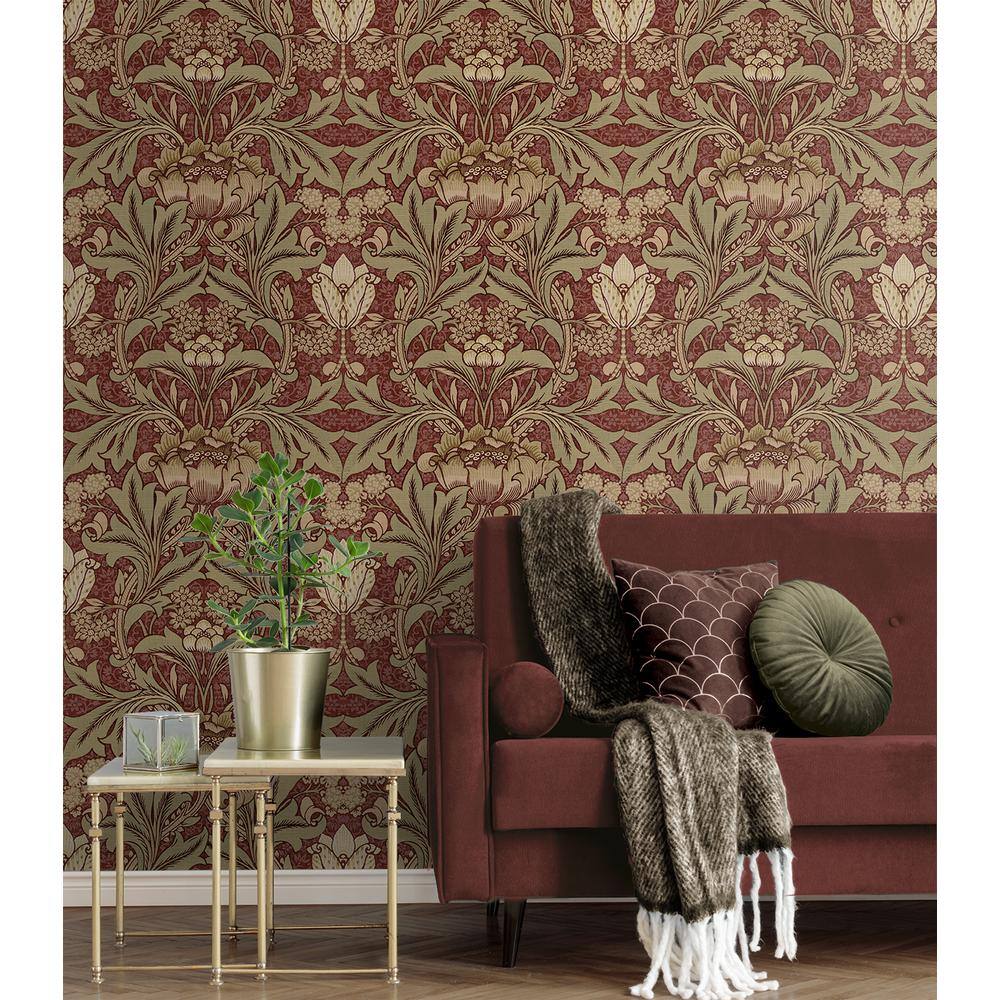 Red Clay and Lichen Floral Pre-Pasted Washable Wallpaper Roll