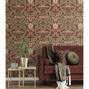 56 Sq. Ft. Red Clay and Lichen Acanthus Floral Pre-Pasted Paper Wallpaper Roll