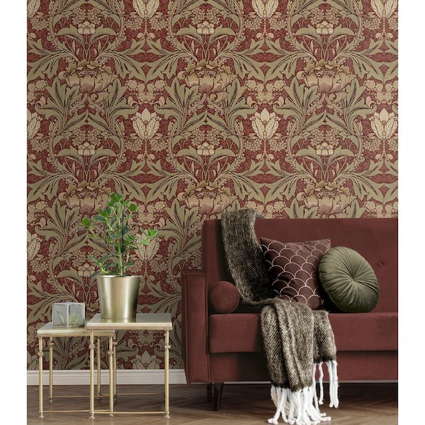 56 Sq. Ft. Red Clay and Lichen Acanthus Floral Pre-Pasted Paper Wallpaper Roll