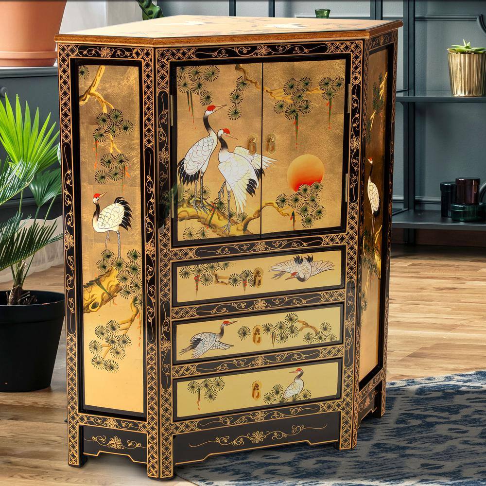 Gold Lacquer Hand-Painted Cranes Corner Cabinet