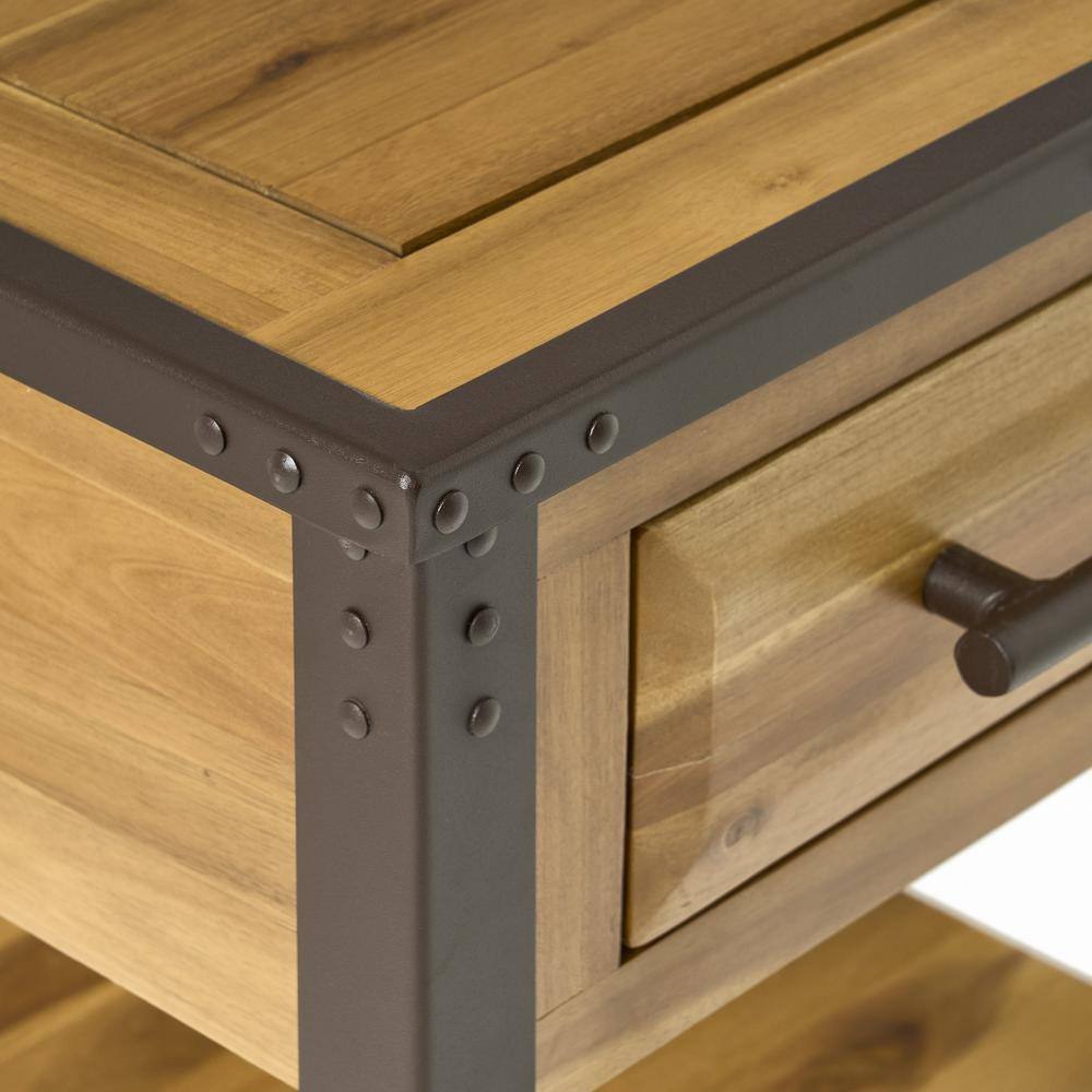 Luna Natural Stained Brown Acacia Wood End Table with Metal Frame