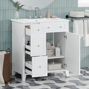 30 in. x 18 in. x 34 in. Bath Vanity Freestanding Storage Cabinet in White with White Caremic Top, Double-Layer Drawer