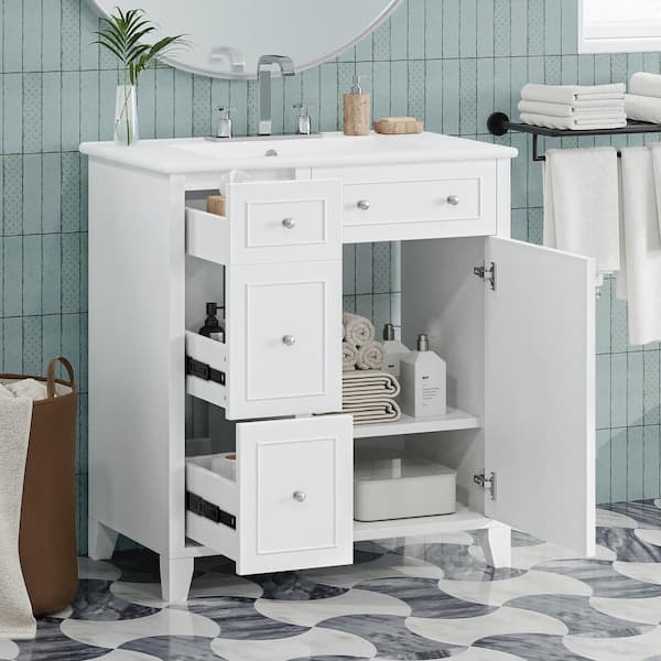 Magic Home 30 in. x 18 in. x 34 in. Bath Vanity Freestanding Storage Cabinet in White with White Caremic Top, Double-Layer Drawer