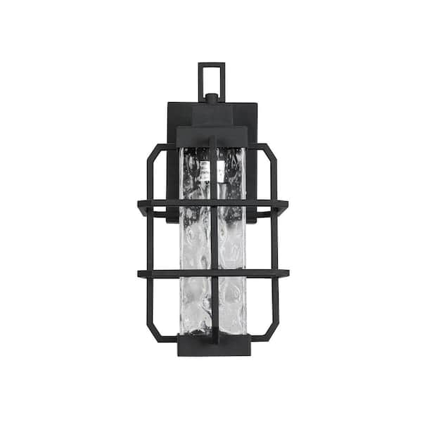 1-Light Sand Black Texture and Water Texture Glass Outdoor Induction Lantern Wall Sconce Lamp, Bulb Not Included